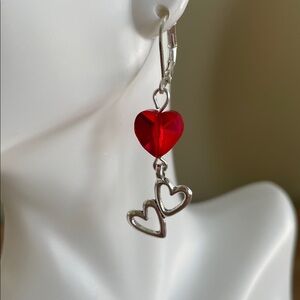 HAND CRAFTED RED CRYSTAL & DOUBLE HEART DROP EARRINGS Faceted Red Crystal Hearts